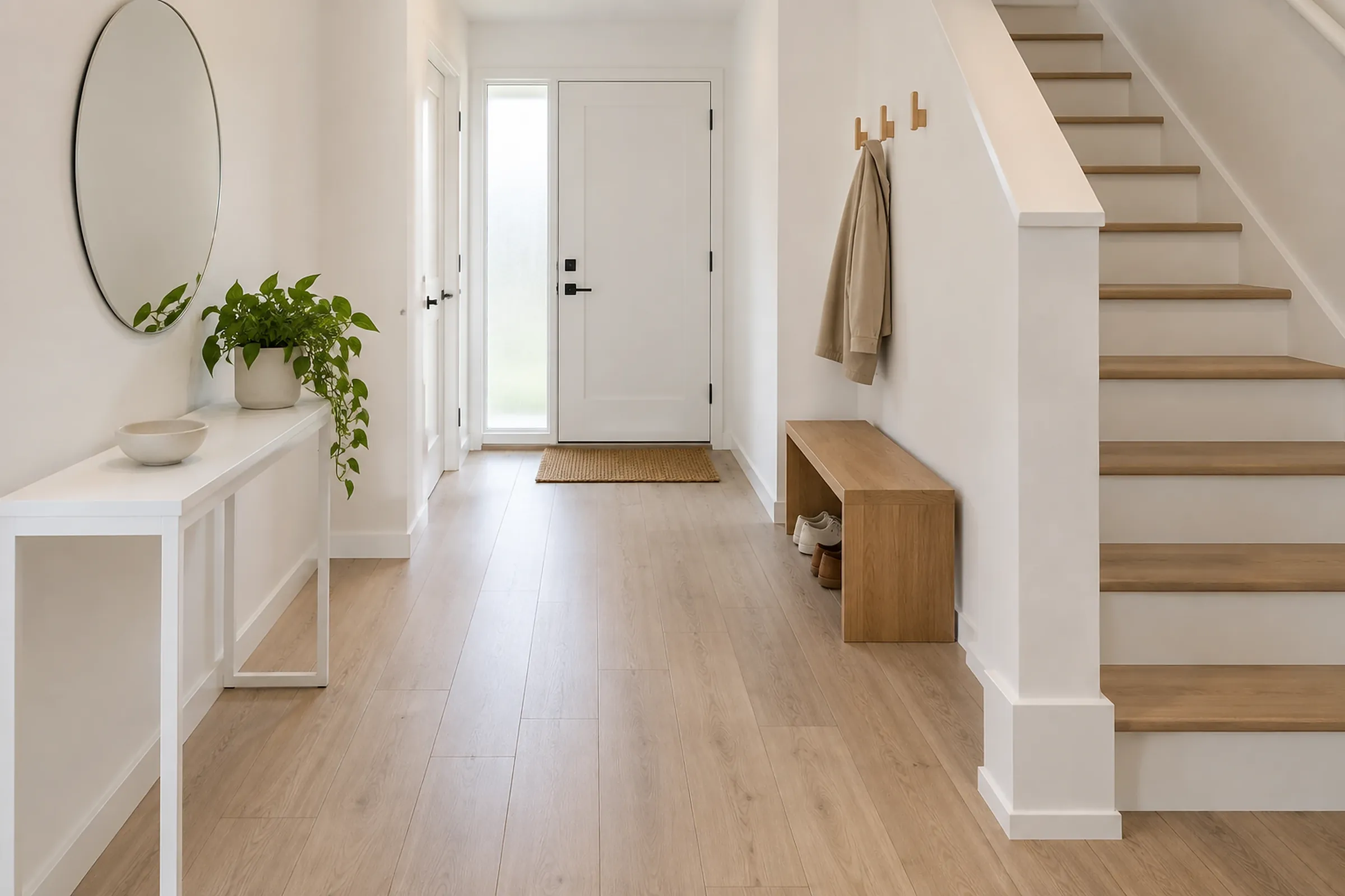A townhouse entryway with a round mirror, a bench and a staircase