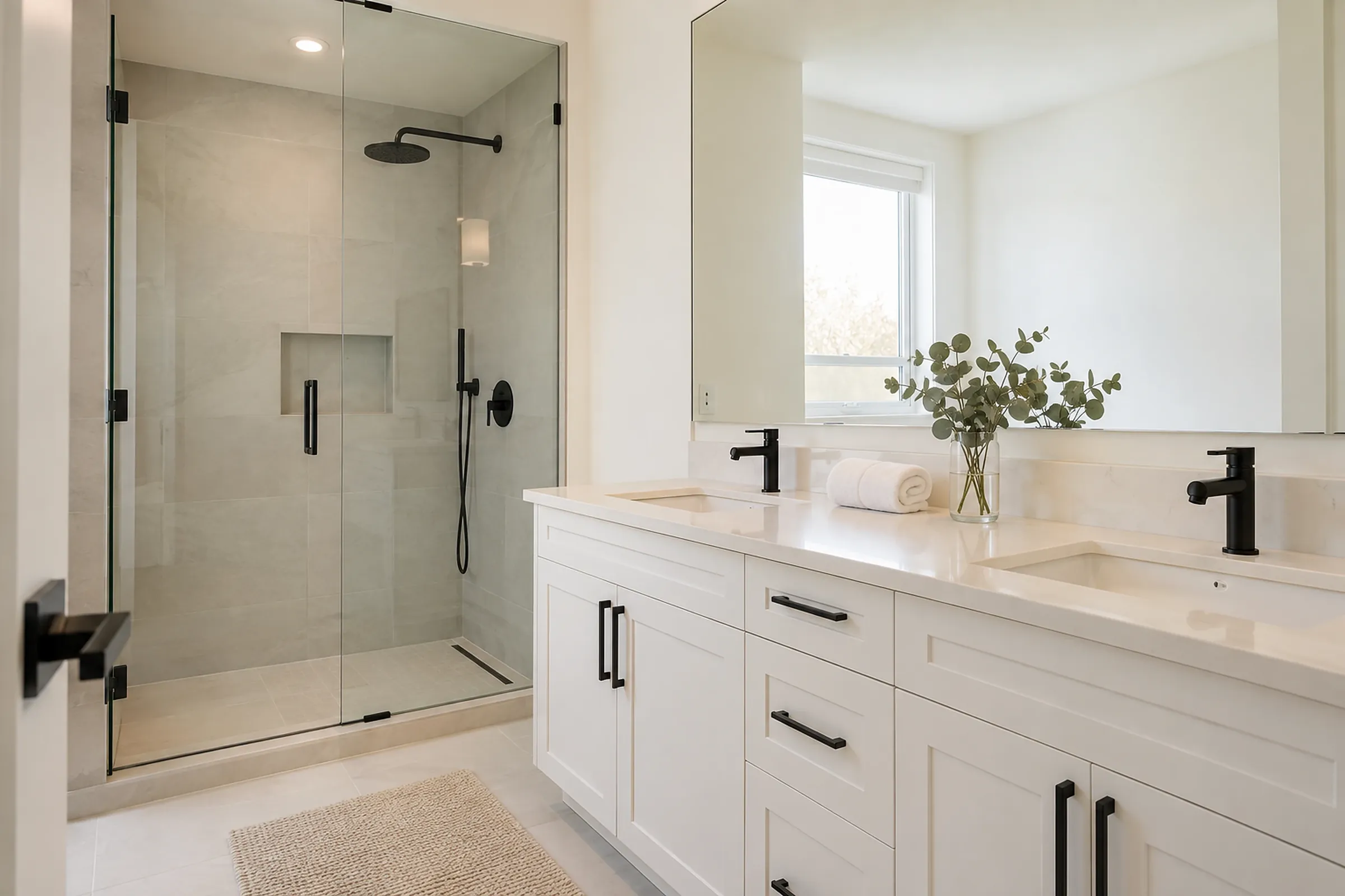 An ensuite bathroom with a walk-in glass shower and a white double vanity