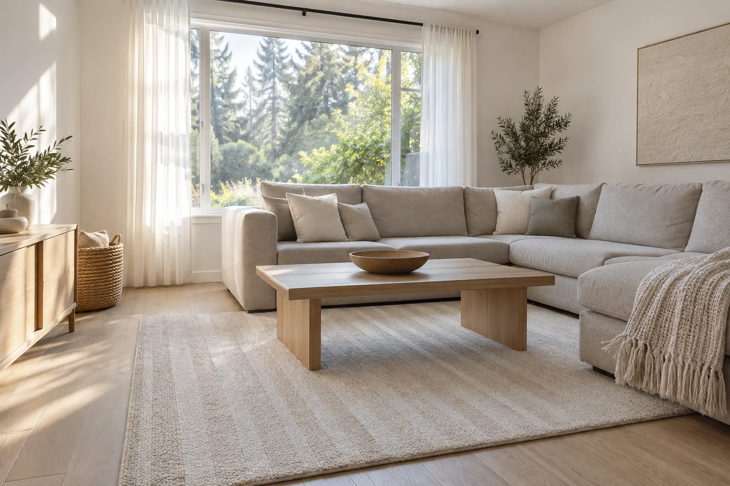 A family living room with a grey sectional sofa and tall evergreens outside the window