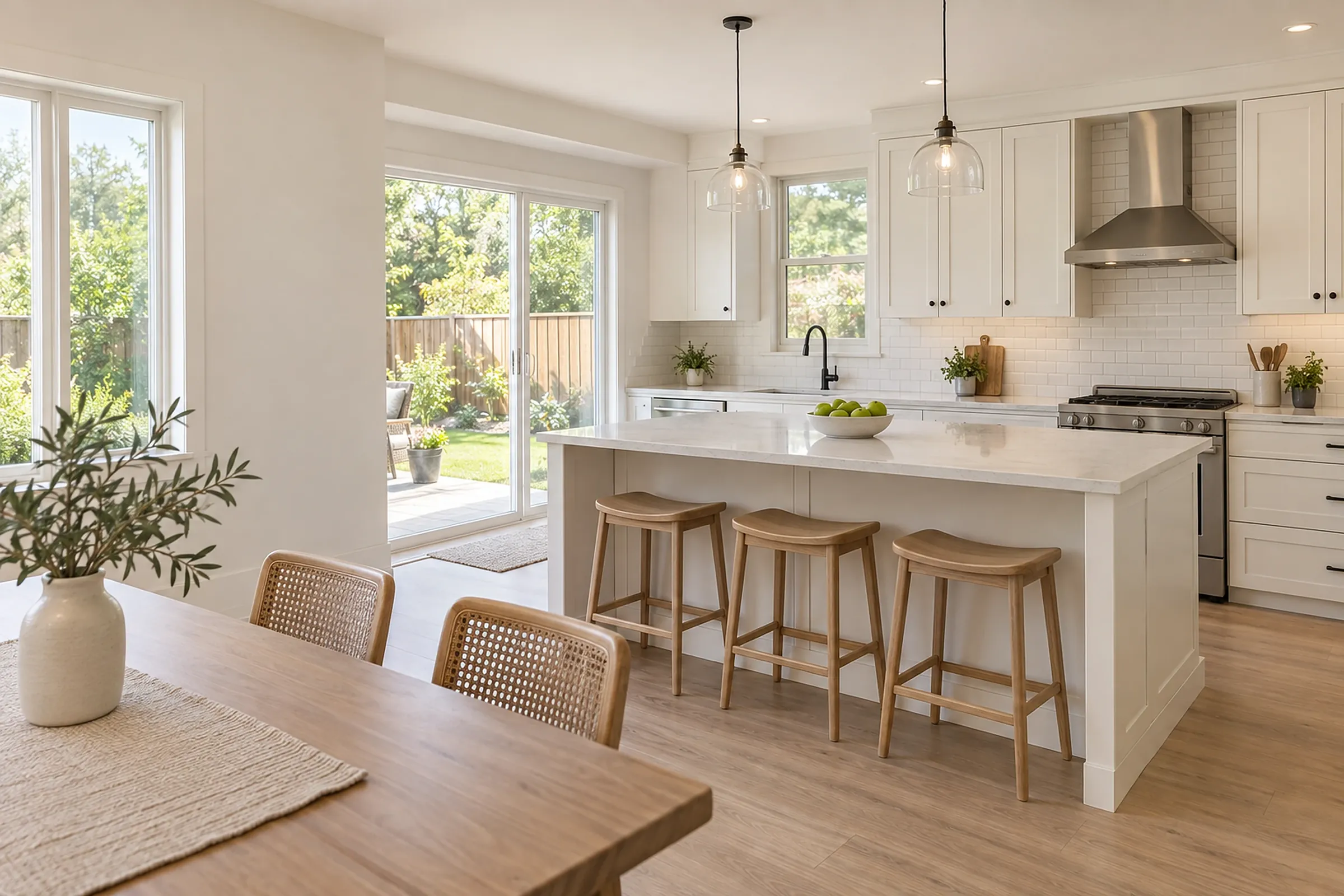 A townhouse kitchen with a white island, three stools and a patio door to a fenced backyard