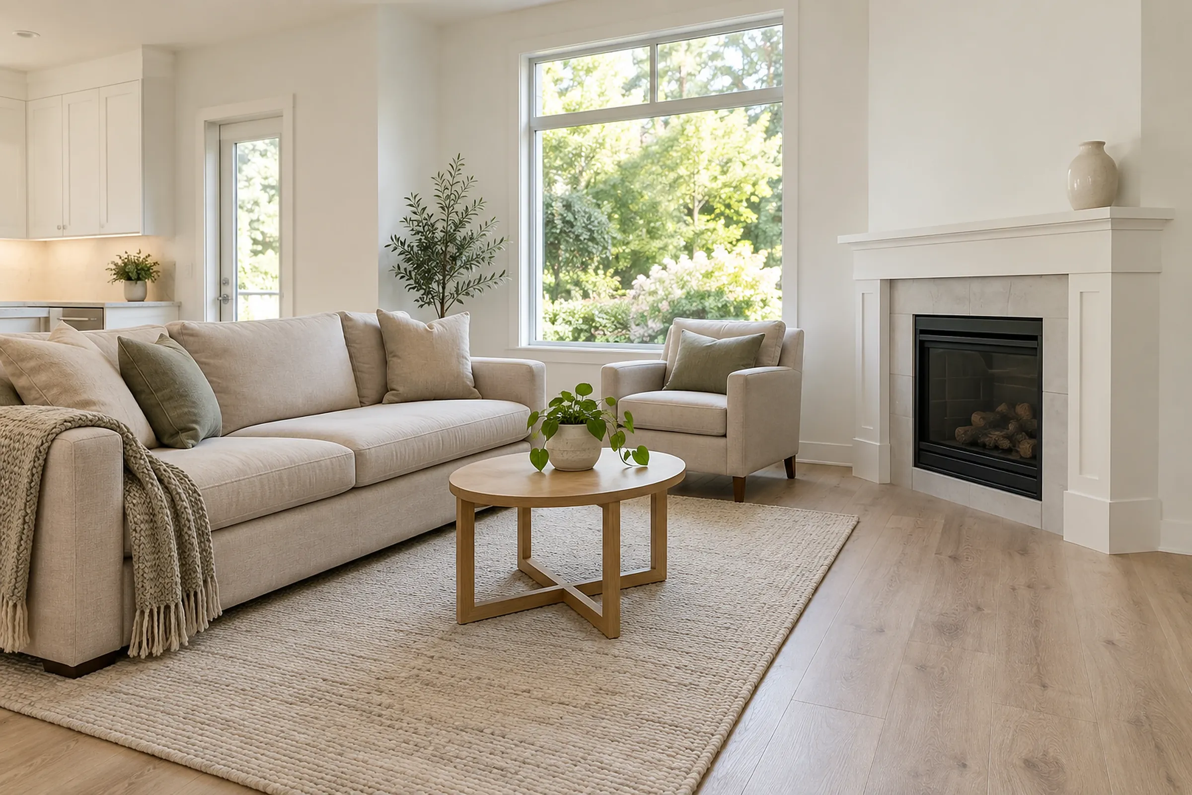 A bright living room with a beige sofa, a corner gas fireplace and a garden window