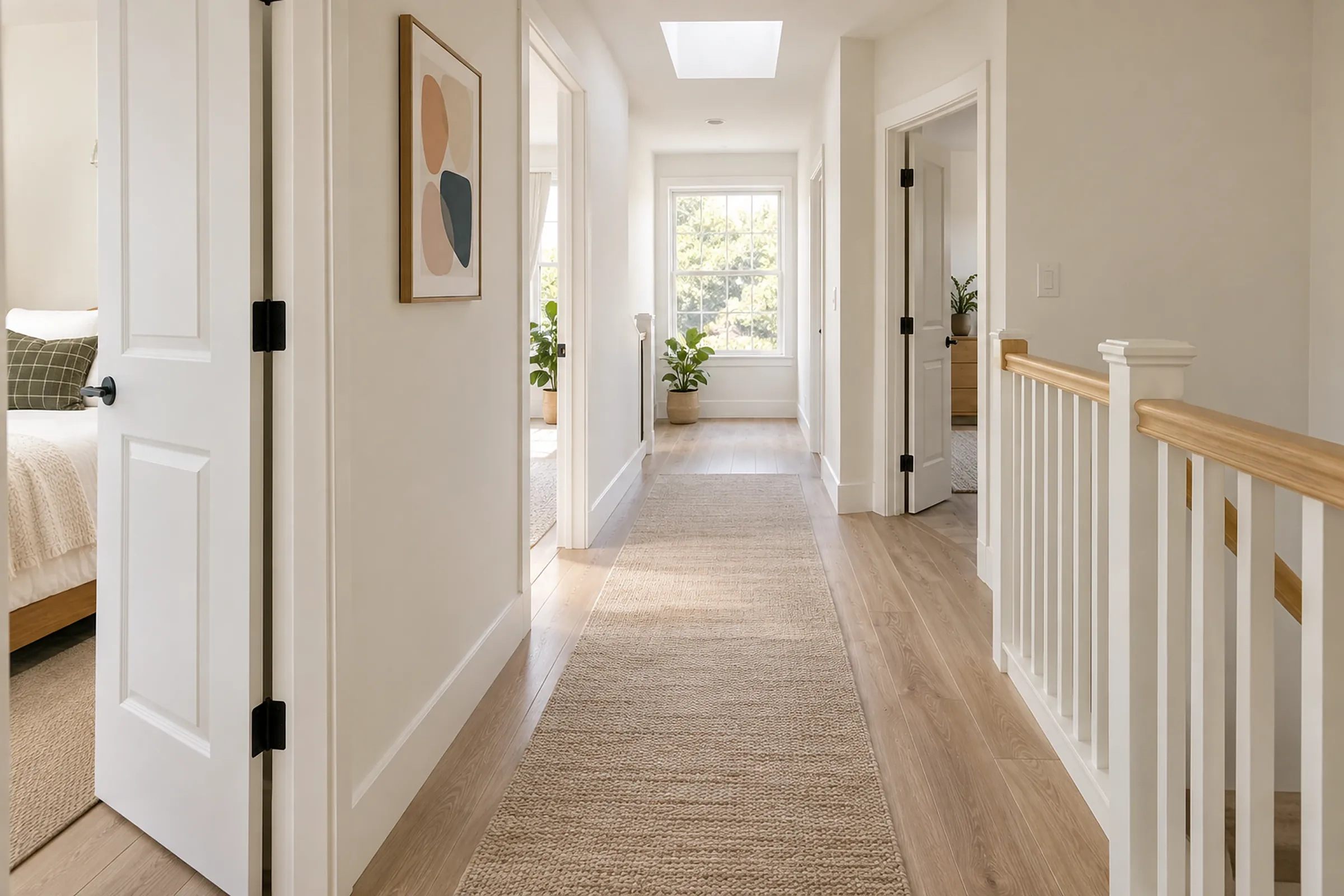A bright upstairs hallway with white trim, a stair railing, a runner rug and a skylight