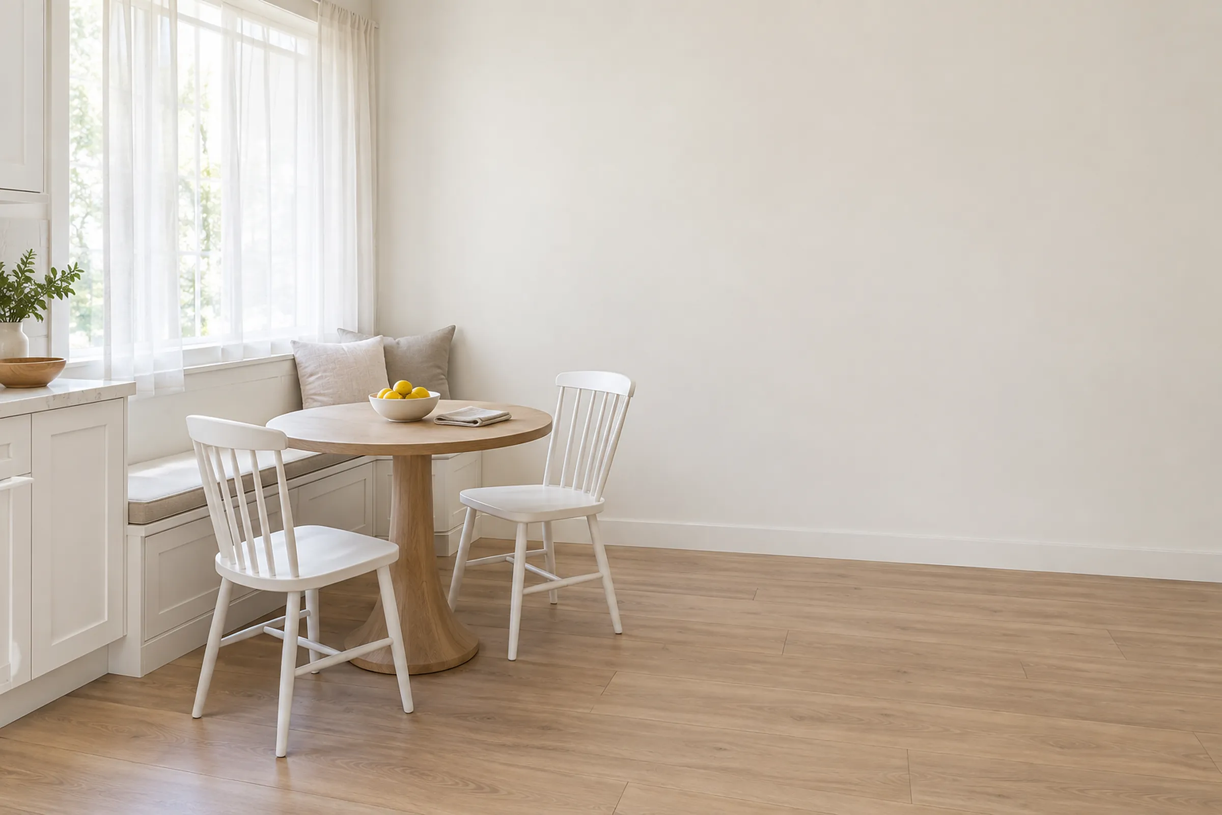 A kitchen dining nook with a window bench, a round oak table with a bowl of lemons and two white chairs