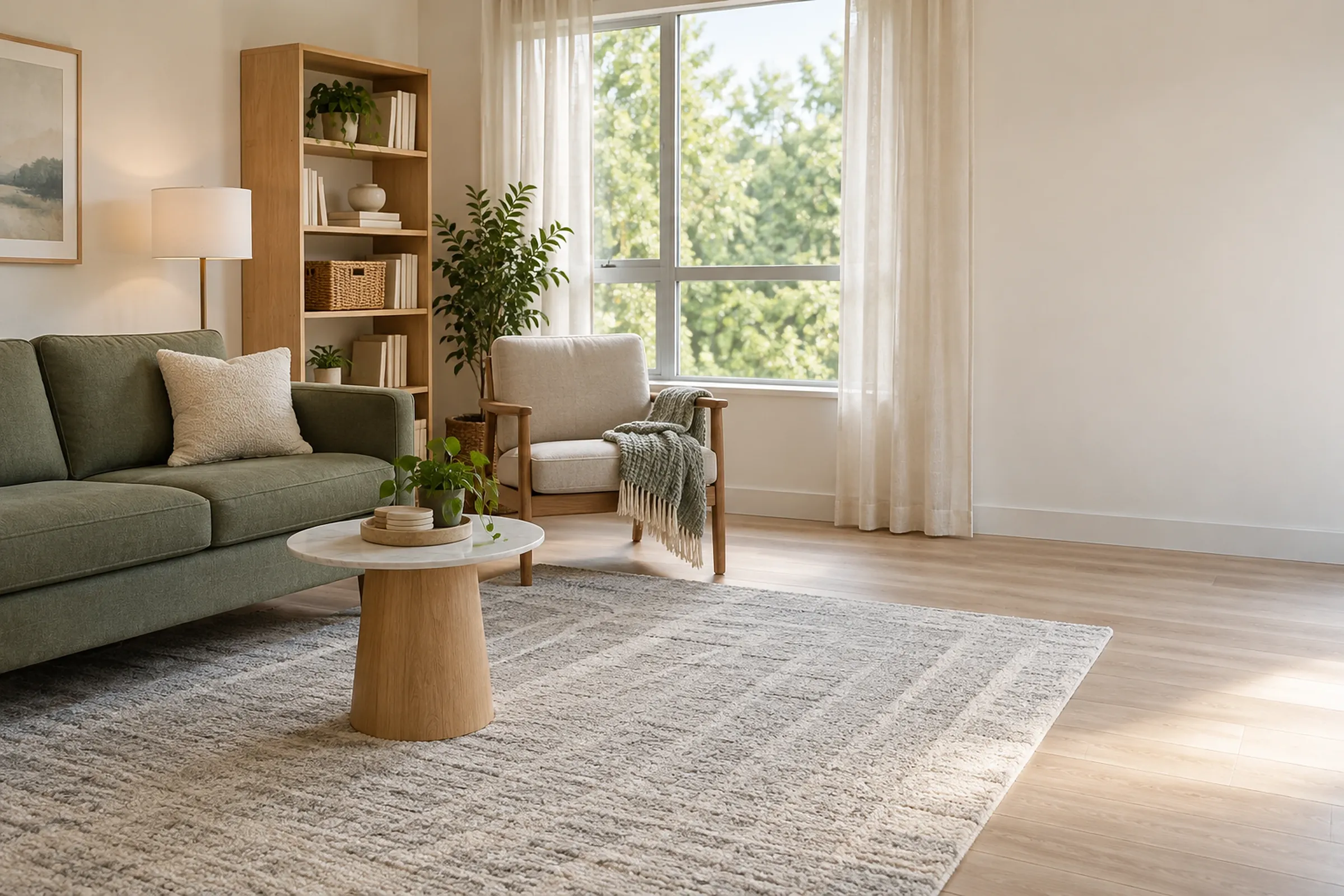 A tidy living room with a sage-green sofa, an oak bookshelf, an armchair by the window and a freshly vacuumed rug