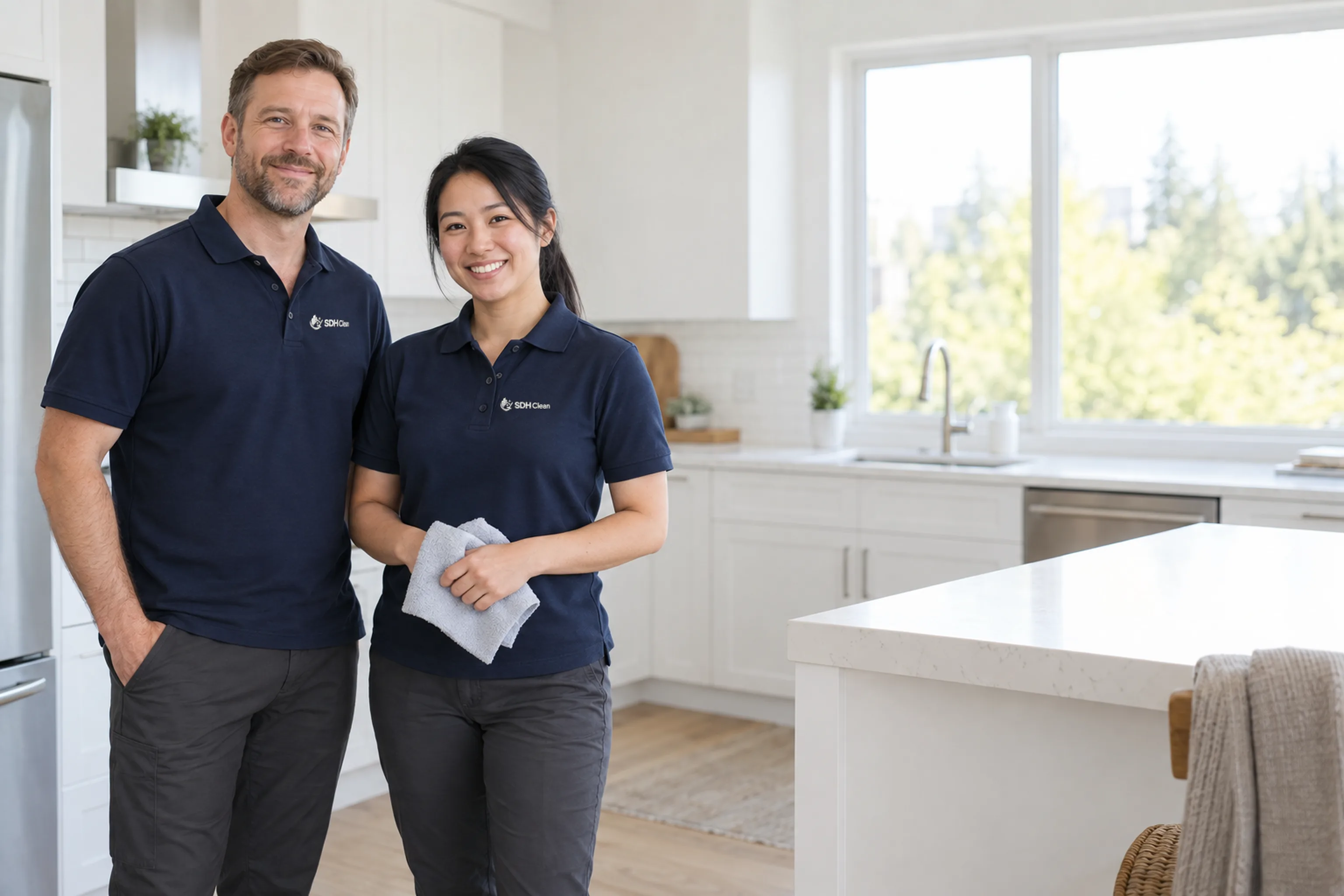 Two cleaners in navy SDH Clean polos standing in a bright kitchen