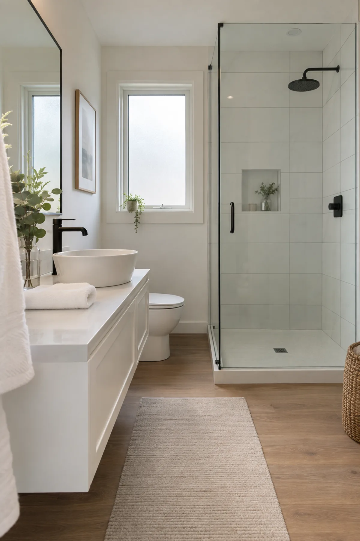 A bright bathroom with a glass shower