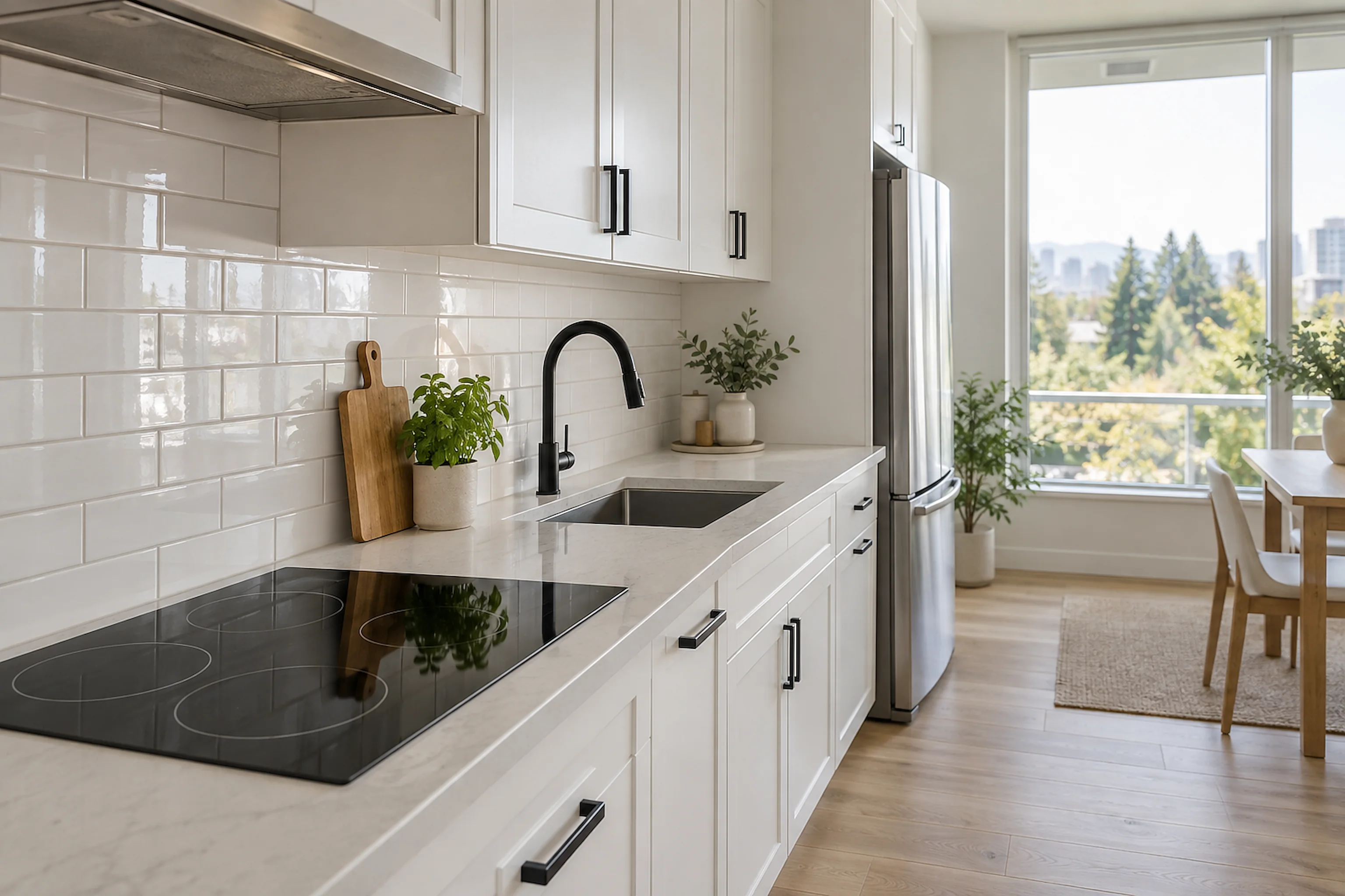 A white kitchen with a clear counter