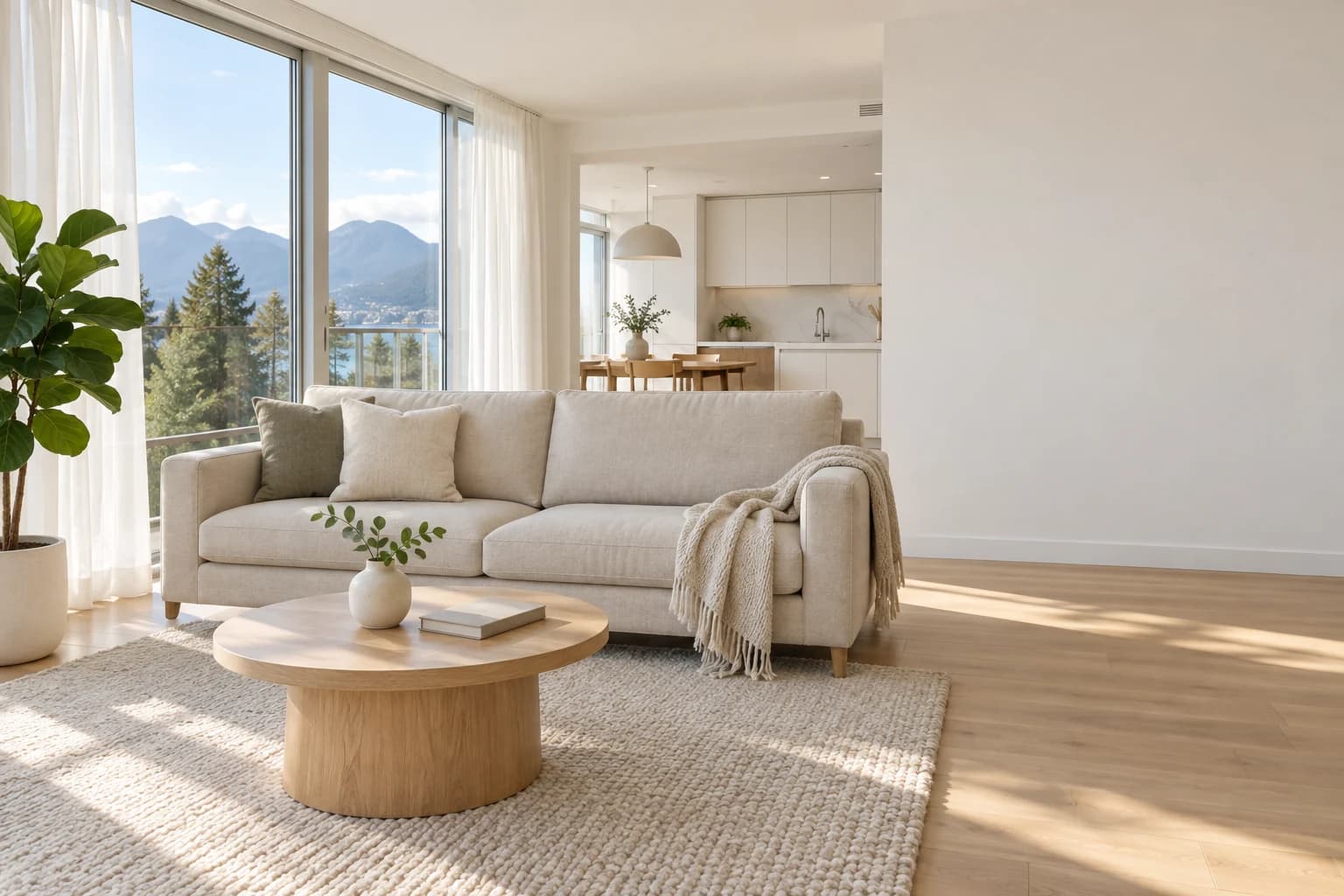 A bright living room with a sofa and a mountain view