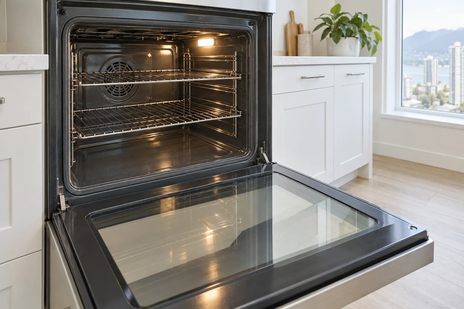 An open, clean oven in a white kitchen