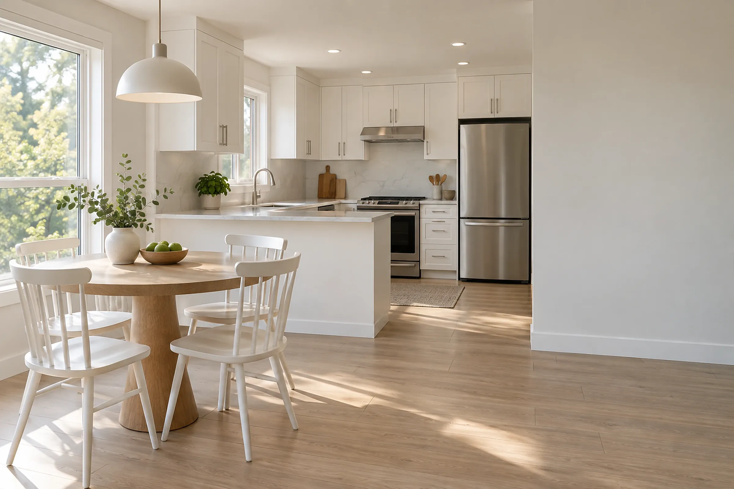 A townhouse kitchen with white cabinets and a round oak dining table in the sun