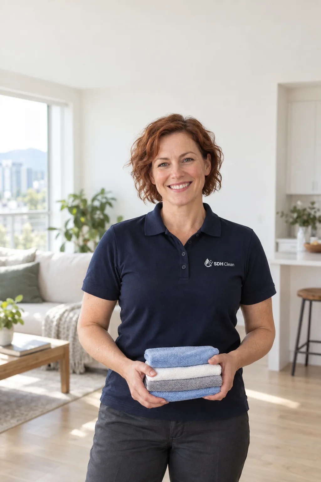 A cleaner in a navy SDH Clean polo holding folded cloths
