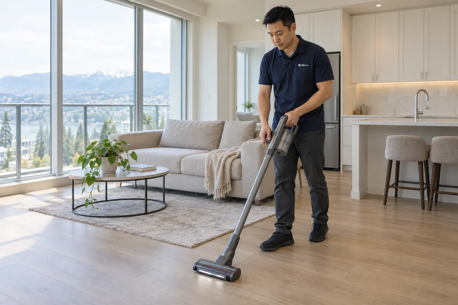 A cleaner in a navy polo vacuuming a bright living room