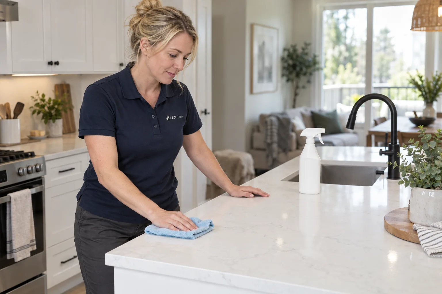 A cleaner in a navy polo wiping down a kitchen island