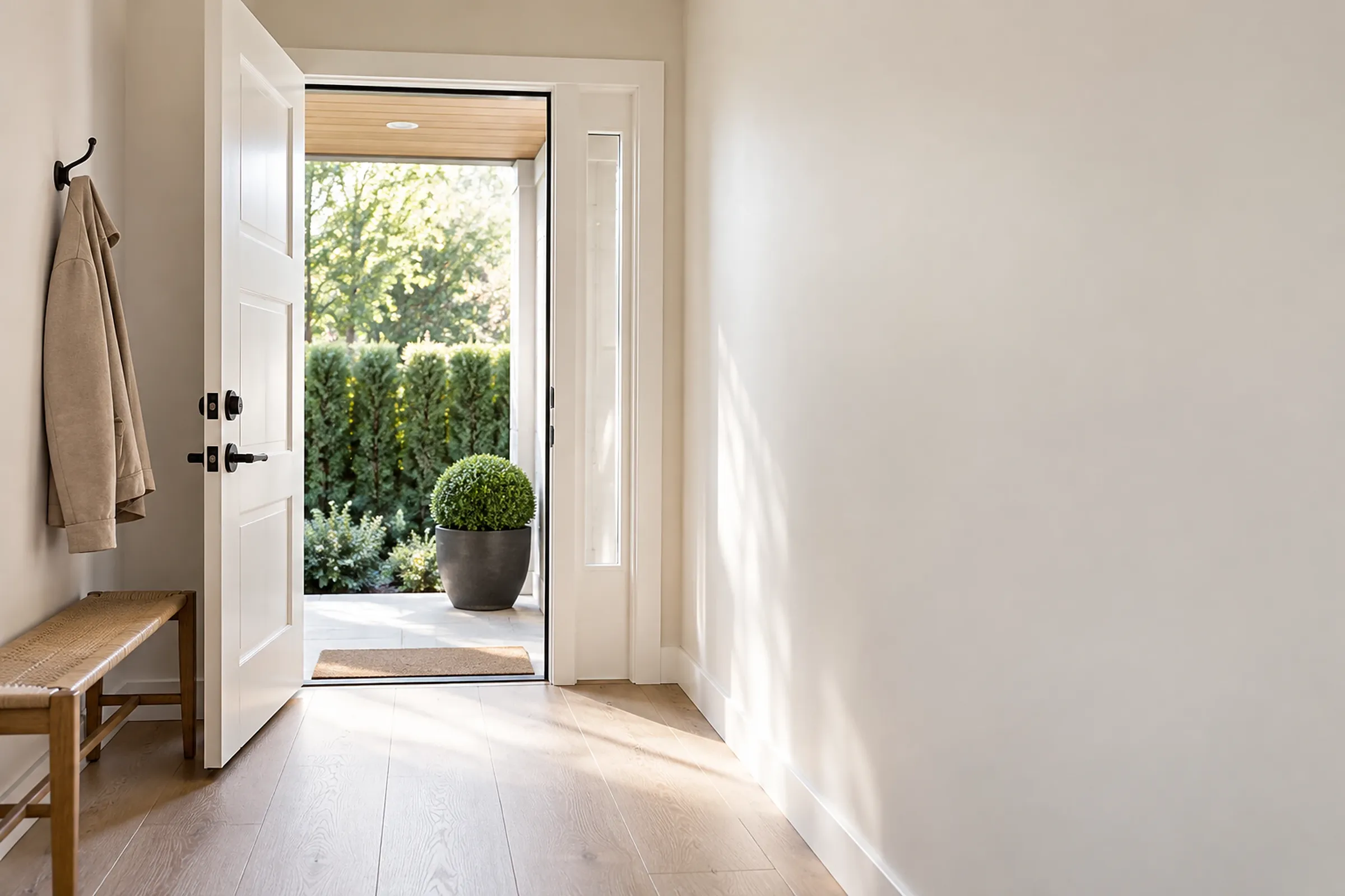 A townhouse hallway with the front door open onto a covered porch, a potted boxwood and green hedges