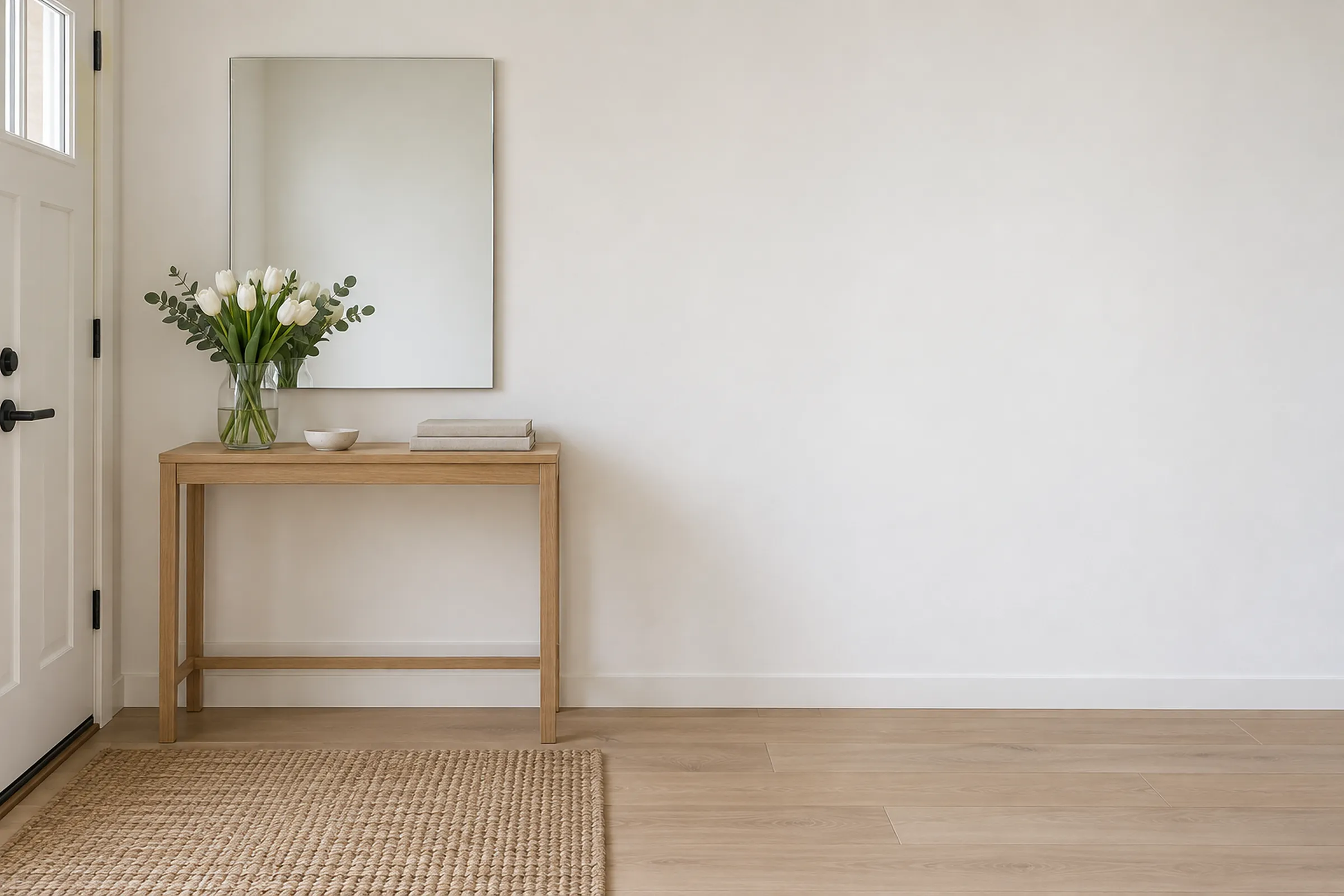 An entryway console table with a vase of white tulips and eucalyptus under a wall mirror, beside the front door