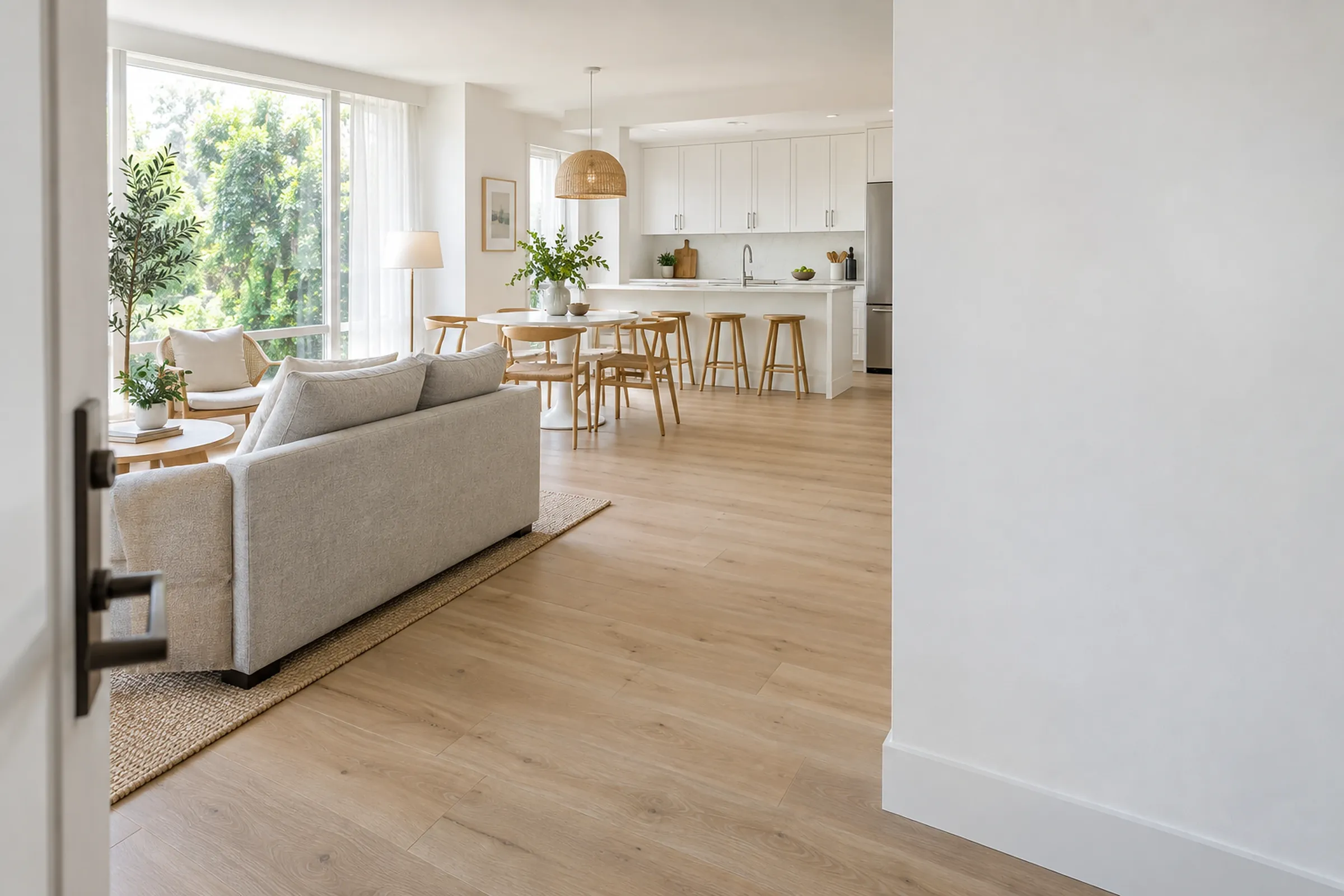 An open-plan home seen from the front door: a grey sofa, a round dining table and a white kitchen with wooden stools