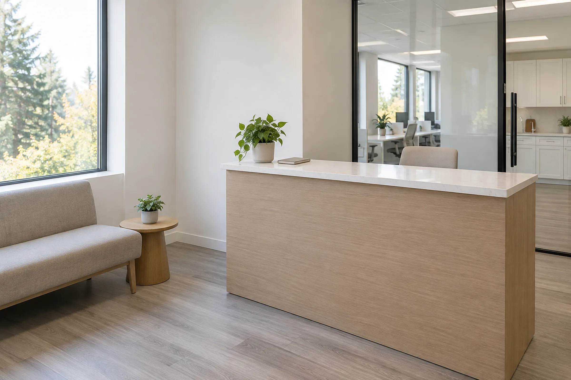 A small office reception with an oak desk, a visitor bench and a glass partition to the open office