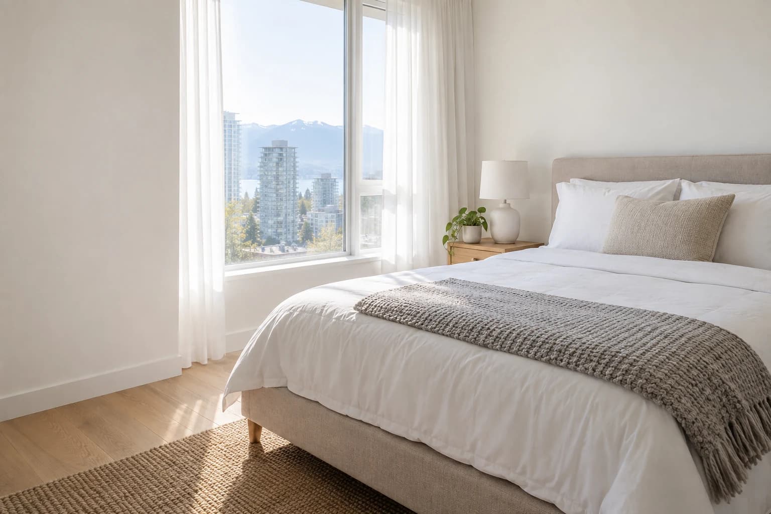 A made bed in a bright bedroom with a city view