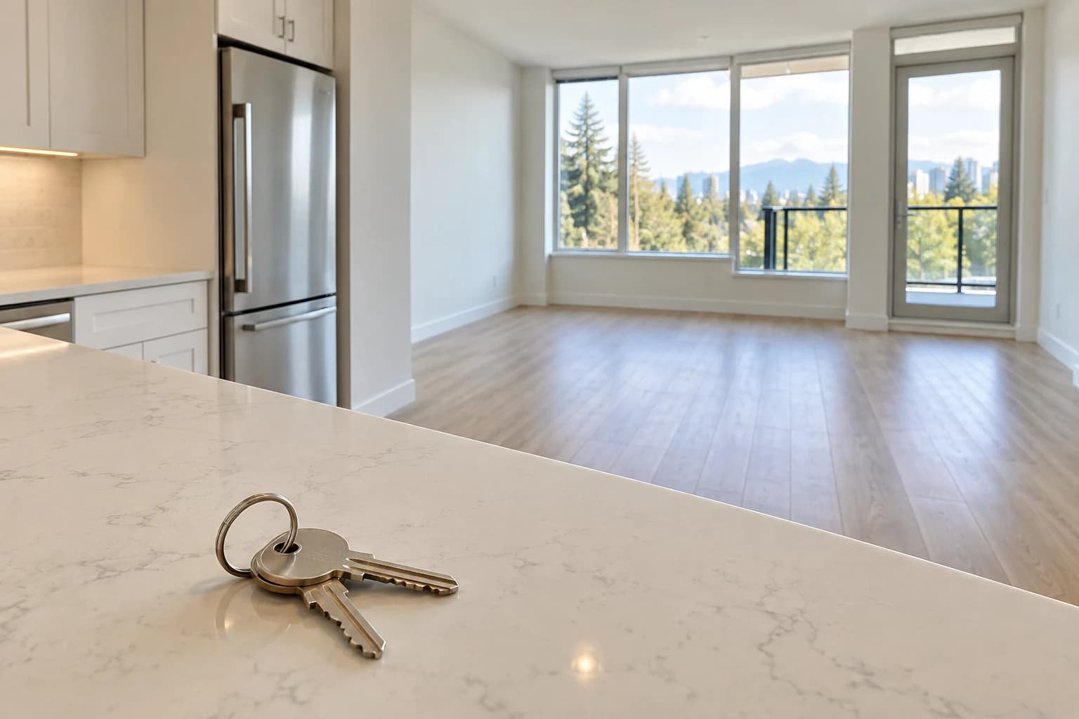 House keys on the counter of an empty, clean kitchen