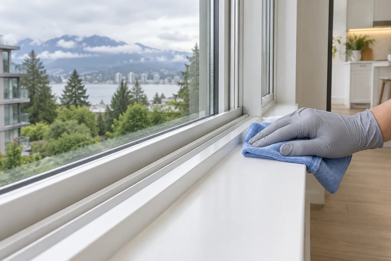 A gloved hand wiping a window sill